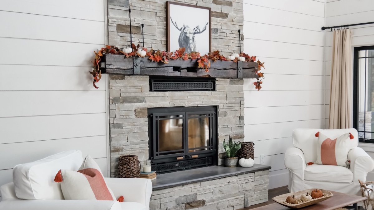 indoor fireplace with multi-colored stone accents